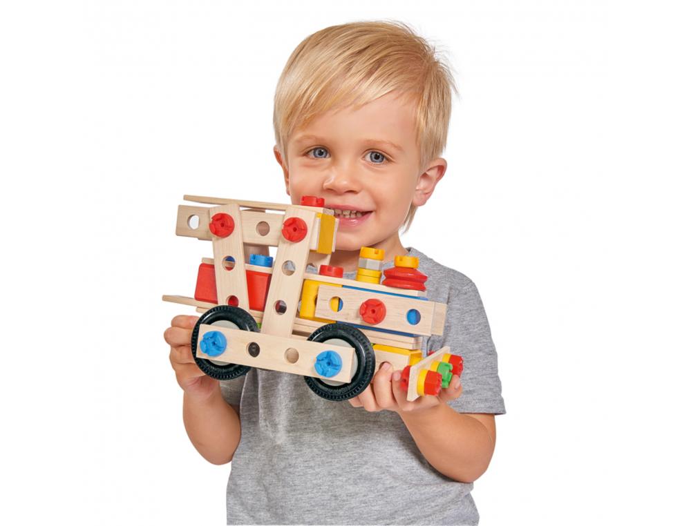 CONSTRUCTION VEHICULES 4 EN 1 EICHHORN 4 CONSTRUCTIONS      POSSIBLES 100 PIECES EN BOIS  VIS EN PLASTIQUE ROUES