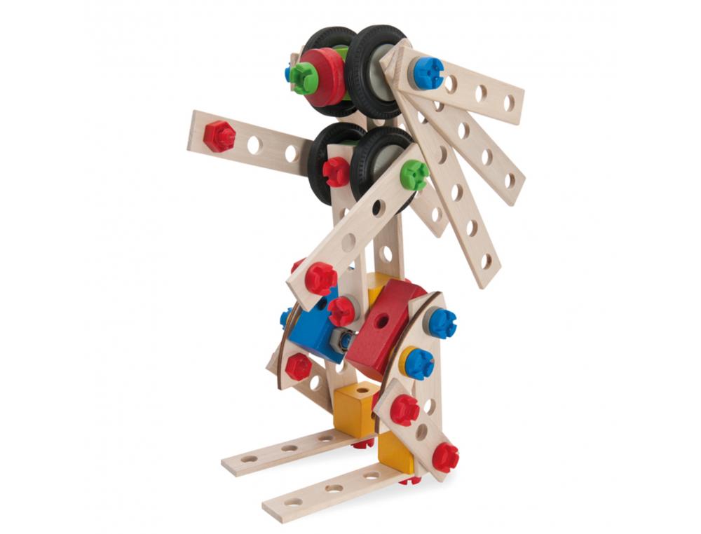 CONSTRUCTION VEHICULES 4 EN 1 EICHHORN 4 CONSTRUCTIONS      POSSIBLES 100 PIECES EN BOIS  VIS EN PLASTIQUE ROUES