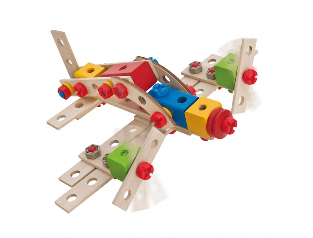 CONSTRUCTION VEHICULES 4 EN 1 EICHHORN 4 CONSTRUCTIONS      POSSIBLES 100 PIECES EN BOIS  VIS EN PLASTIQUE ROUES