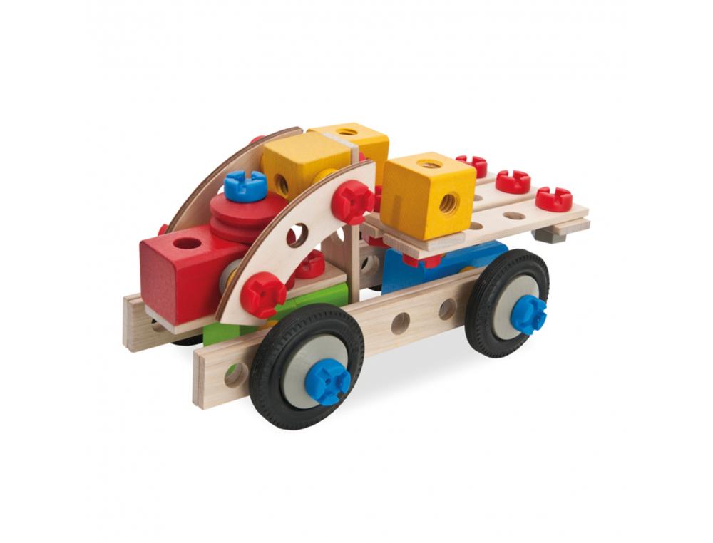 CONSTRUCTION VEHICULES 4 EN 1 EICHHORN 4 CONSTRUCTIONS      POSSIBLES 100 PIECES EN BOIS  VIS EN PLASTIQUE ROUES