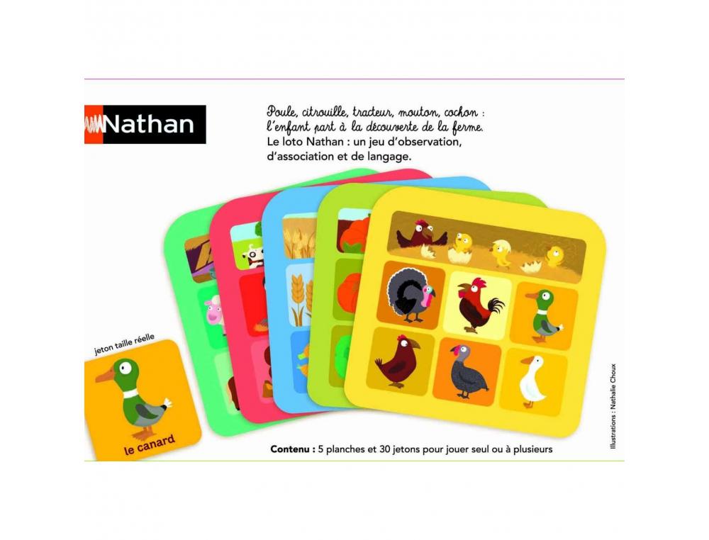 LOTOS NATHAN LOTO DE LA FERME LA VIE DES ANIMAUX 5 PLANCHES A COMPLETER ET 30 JETONS