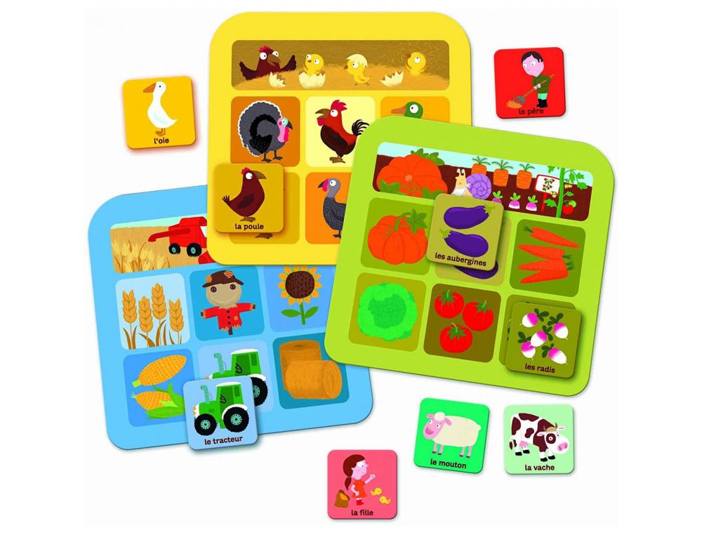 LOTOS NATHAN LOTO DE LA FERME LA VIE DES ANIMAUX 5 PLANCHES A COMPLETER ET 30 JETONS