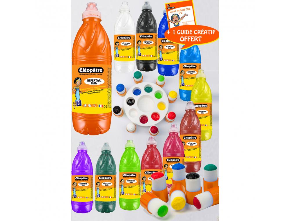 GOUACHE LIQUIDE CLEOPATRE NEFERTARI 1L + PALETTE + 8    PINCEAUX POCHOIRS ASSORTIMENT DE 12 UNITES