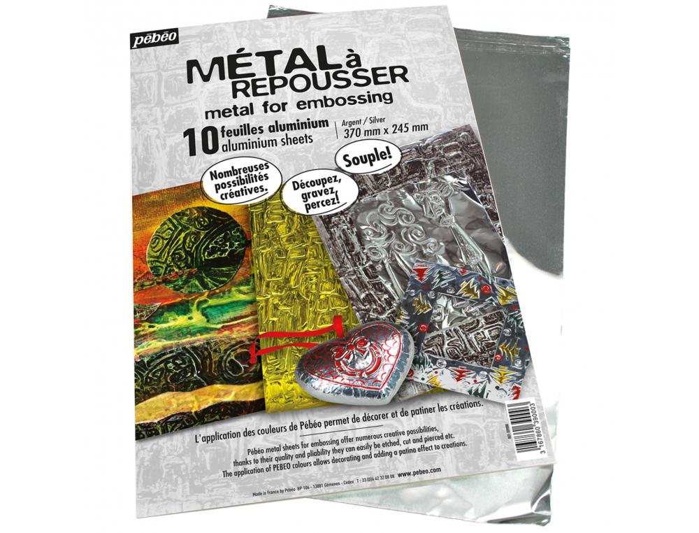 POCHETTE FEUILLES ALUMINIUM METAL A REPOUSSER GRAINE      CREATIVE 40X30CM 10 FEUILLES  COLORIS ARGENT