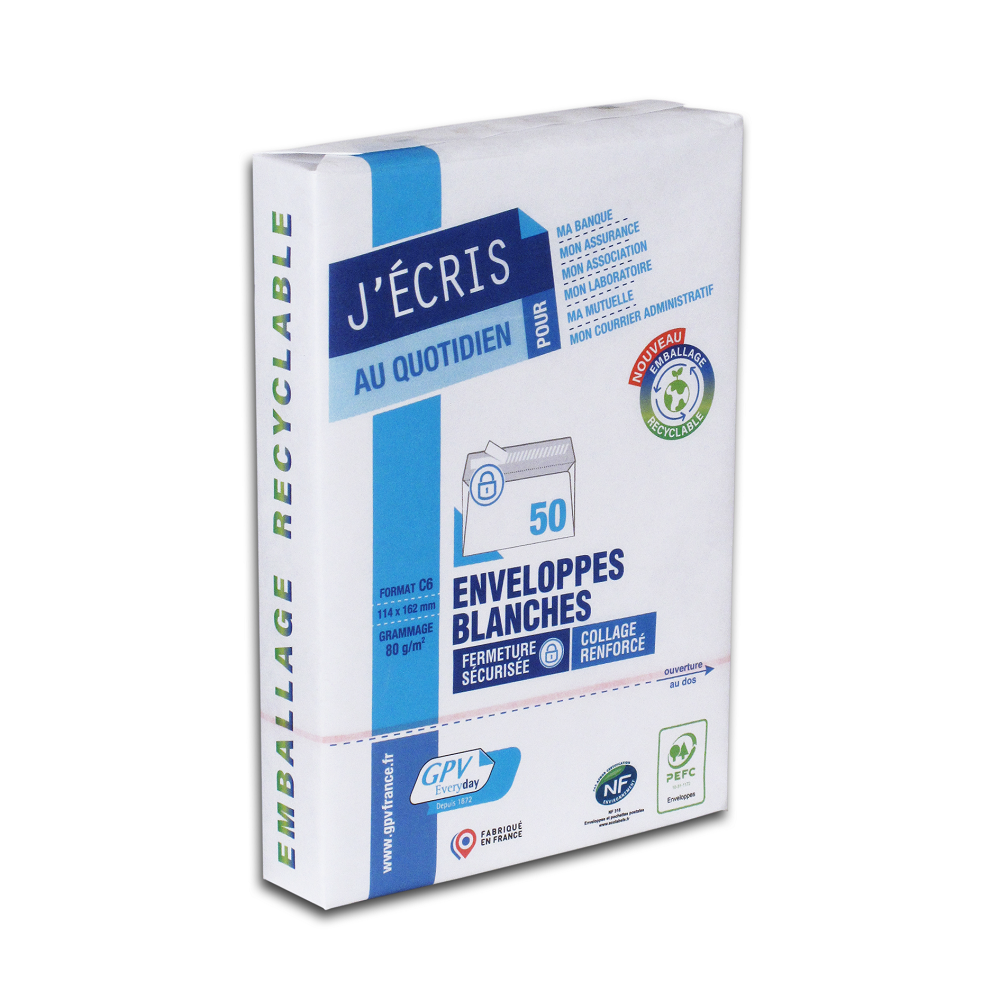 ENVELOPPE GPV ÉCONOMIQUE VÉLIN BLANC 75G C6 114X162MM ADHÉSIVE PAQUET 50 UNITÉS