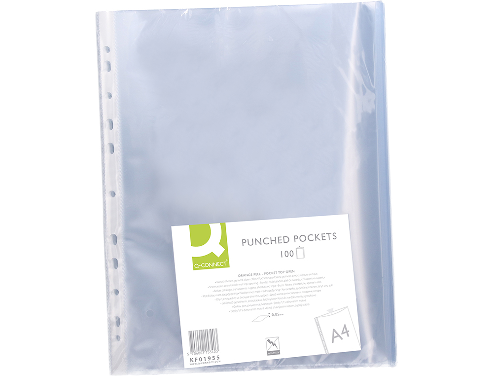 POCHETTE Q-CONNECT POLYPROPYLÈNE GRAINÉ 5/100E ECO PERFORÉE ANTISTATIQUE A4 210X297MM SACHET 100 UNITÉS