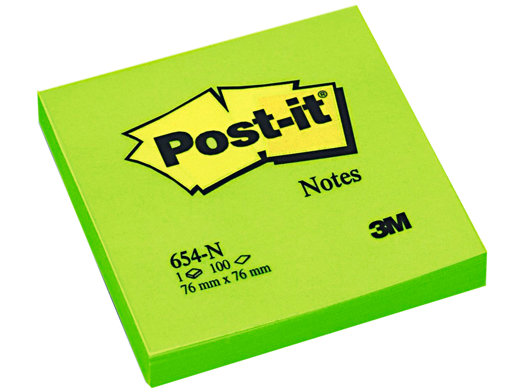 BLOC-NOTES POST-IT COULEURS NON 76X76MM 100F REPOSITIONNABLES COLORIS VERT FLUO