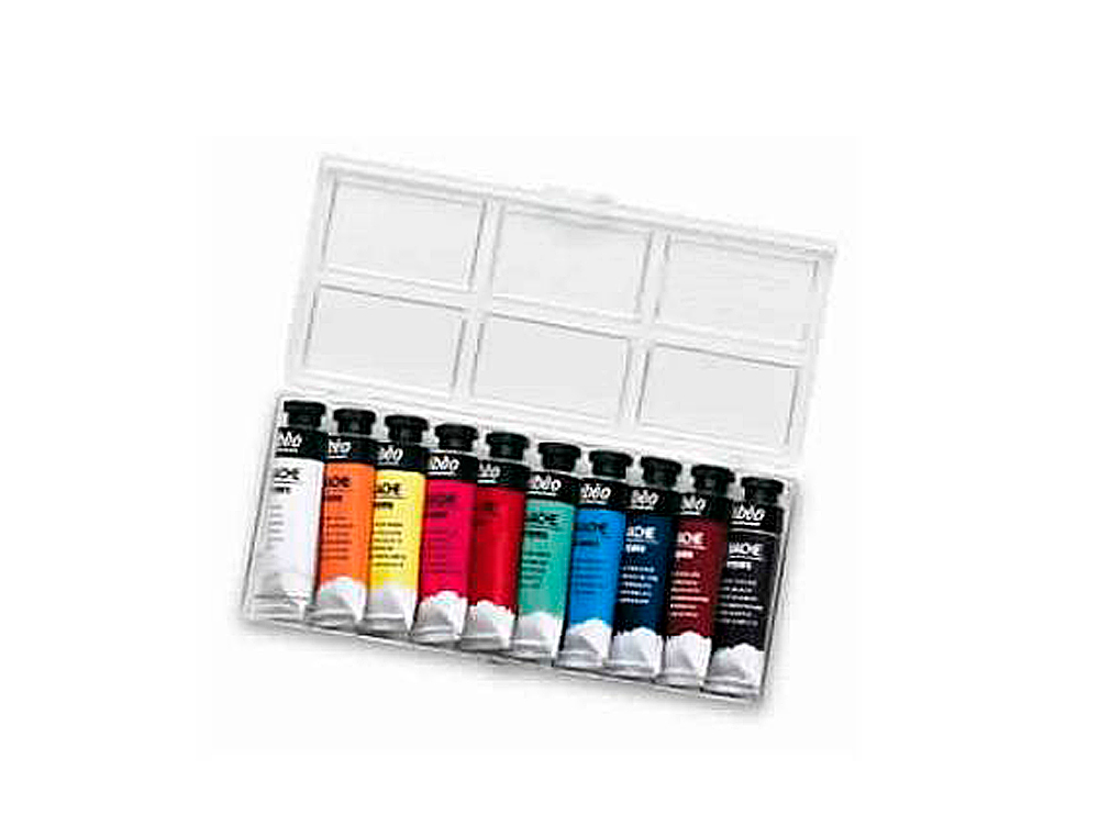 GOUACHE PBO COULEURS LUMINEUSES FORT POUVOIR COUVRANT COLORIS ASSORTIS BOTE 5 TUBES 10ML + 1 PALETTE