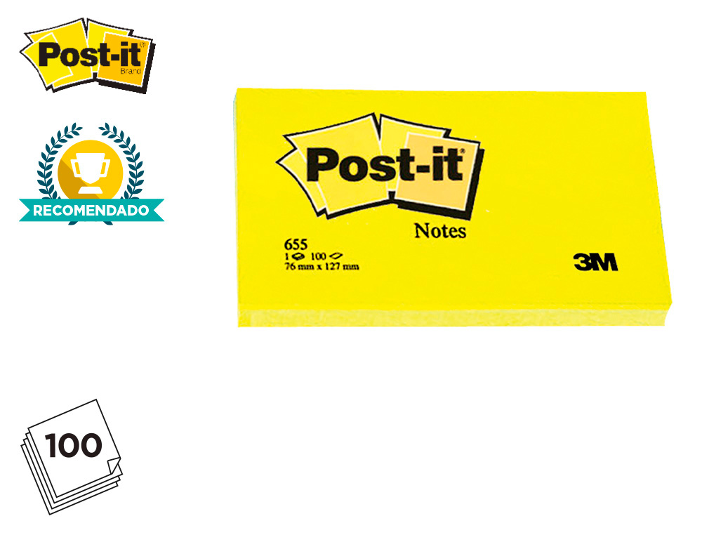 BLOC-NOTES POST-IT 655 76X127MM 100F/BLOC REPOSITIONNABLES COLORIS JAUNE