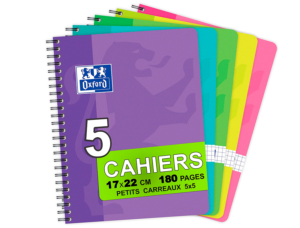CAHIER SPIRALE OXFORD COUVERTURE CARTONNÉE RELIURE INTÉGRALE OPTIK PAPER A5+ 17X22CM 180 PAGES 90G 5X5MM 4 TROUS