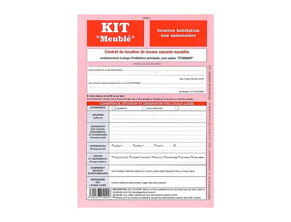 KIT CONTRAT LOCATION MEUBLÉE NON SAISONNIÈRE WEBER DIFFUSION 8 PAGES CONTRAT INVENTAIRE CAUTION ÉTAT LIEUX ENTRÉE SORTIE