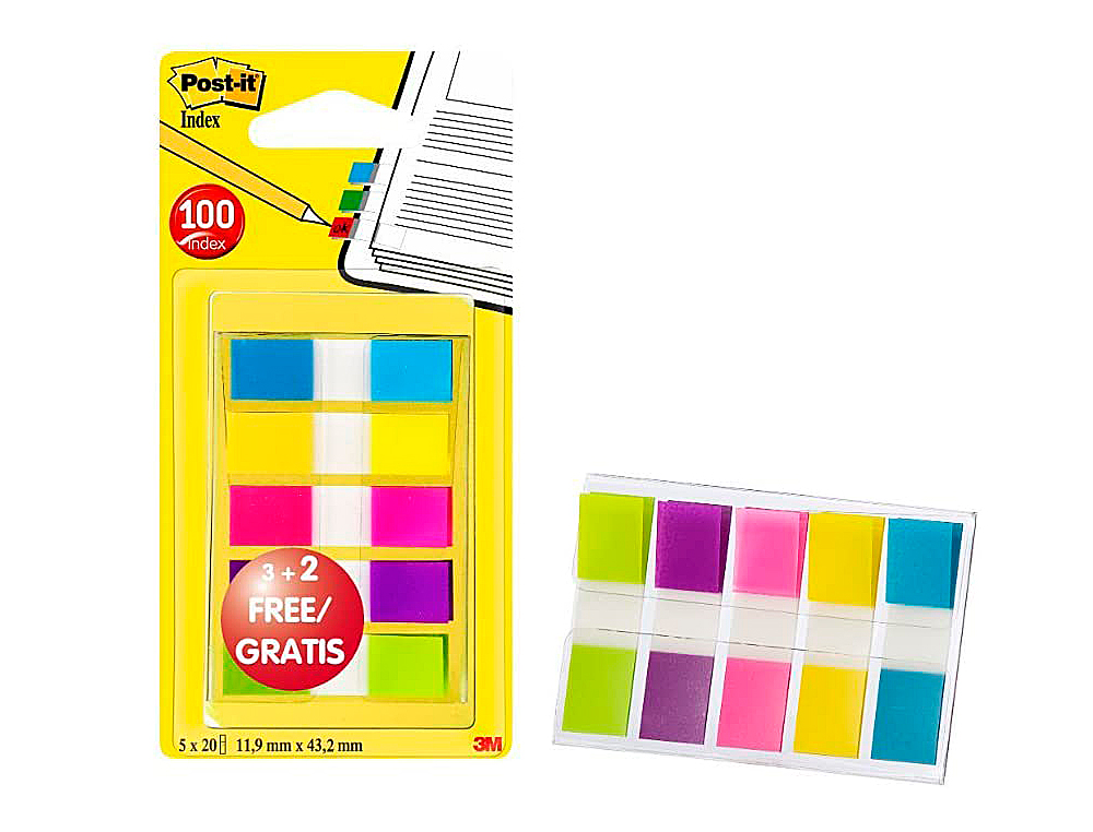 MARQUE-PAGES POST-IT MINI INDEX ÉTROIT 12X44MM SET 5 PAQUETS 20 UNITÉS COLORIS BLEU JAUNE ROUGE VERT VIOLET