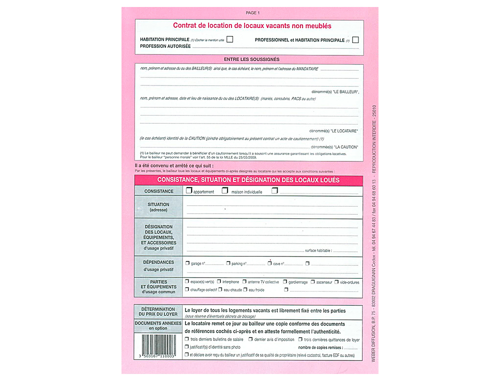 CONTRAT LOCATION LOCAUX WEBER DIFFUSION 4 PAGES 1 BAIL HABITATION LIASSE 2 CONTRATS