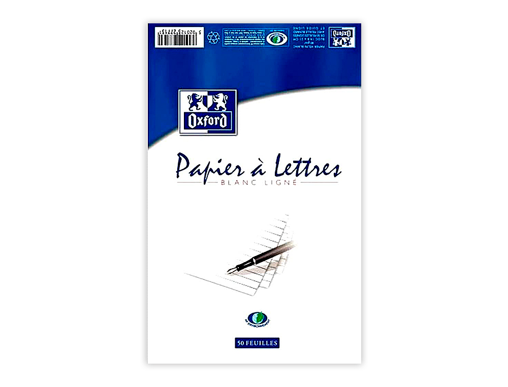 BLOC CORRESPONDANCE OXFORD PAPIER VÉLIN SUPÉRIEUR 80G/M2 A4 210X297MM TRAVERS BUVARD ET GUIDE LIGNE 50 FEUILLES