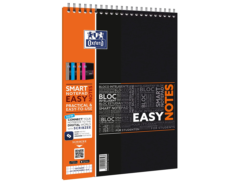 BLOC OXFORD SPIRALE ÉTUDIANT EASY NOTES COUVERTURE POLYPROPYLÈNE A4+ 210X315MM 160 PAGES DÉTACHABLES PERFORÉES 5X5MM
