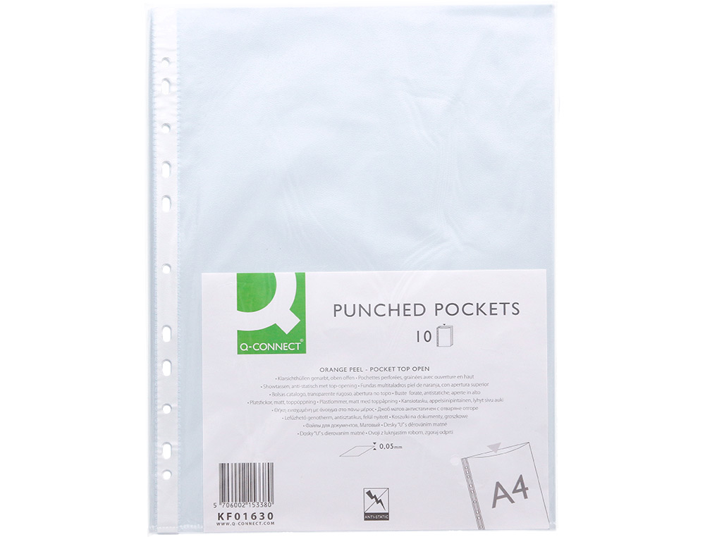 POCHETTE Q-CONNECT POLYPROPYLÈNE GRAINÉ 5/100E ECO PERFORÉE ANTISTATIQUE A4 210X297MM SACHET 10 UNITÉS