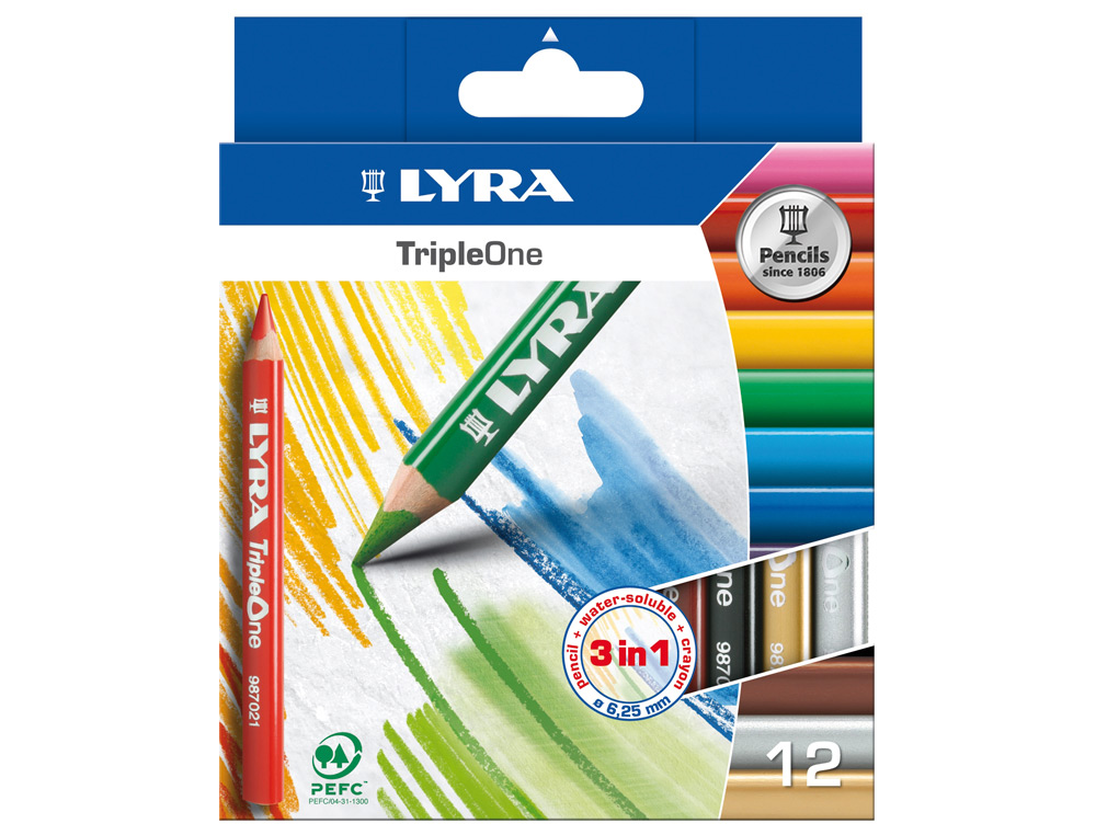 CRAYON COULEUR LYRA TRIPLE ONE 3EN1 TRIANGULAIRE AQUARELLABLE 120MM CRAIE GRASSE MINE 6.25MM DIAMÈTRE ÉTUI CARTON 12U