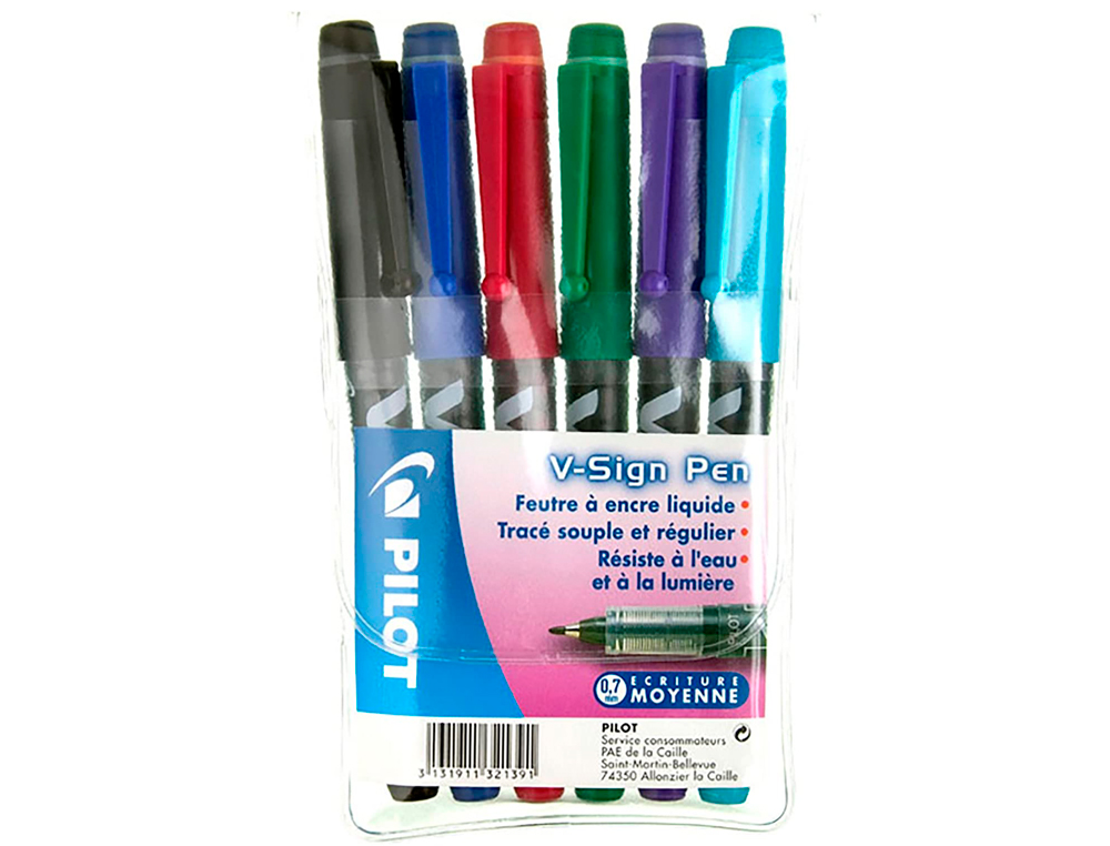 STYLO-FEUTRE PILOT V SIGN PEN ÉCRITURE MOYENNE 0.6MM POINTE FIBRE POLYESTER ENCRE INTENSE LIQUIDE POCHETTE 6 UNITÉS
