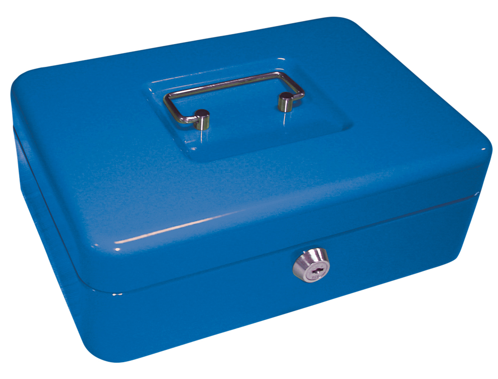 CAISSE MONNAIE Q-CONNECT STRUCTURE ACIER 0.8MM ÉPAISSEUR PLATEAU AMOVIBLE ESPACE BILLETS 250X180X90MM COLORIS BLEU