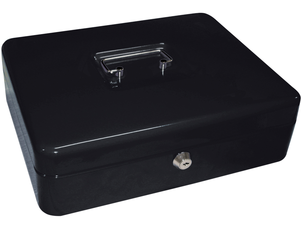 CAISSE MONNAIE Q-CONNECT STRUCTURE ACIER 0.8MM ÉPAISSEUR PLATEAU AMOVIBLE ESPACE BILLETS 300X240X90MM COLORIS NOIR