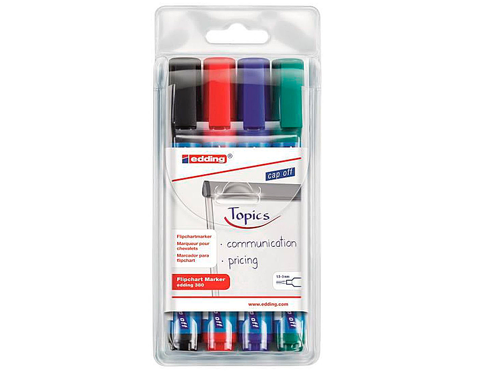MARQUEUR EDDING PERMANENT CHEVALET E380 POINTE OGIVE TRAC 1.5/3MM CORPS PLASTIQUE SPCIAL FLIPCHART 4 UNITS ASSORTIES