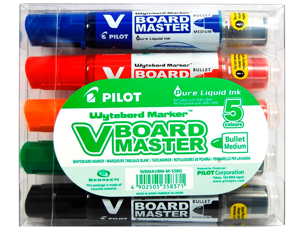 MARQUEUR PILOT V BOARD MASTER RECHARGEABLE POINTE OGIVE TRACÉ 2MM ENCRE LIQUIDE BASE ALCOOL COULEUR VIVE POCHETTE 5U