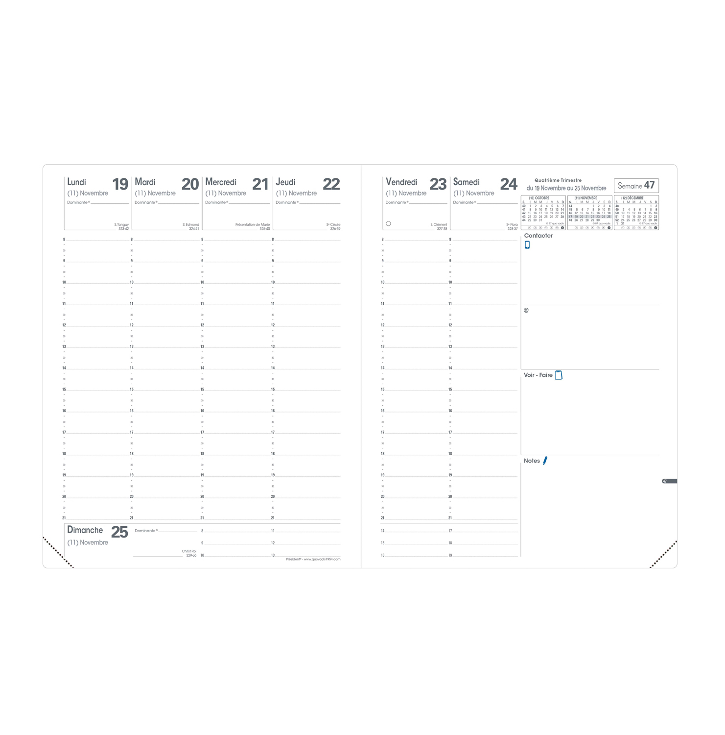 AGENDA QUO VADIS PRSIDENT PLANNING 13 MOIS DCEMBRE/DCEMBRE RELIURE COUSUE 1 SEMAINE 2 PAGES 21X27CM COLORIS ASSORTIS