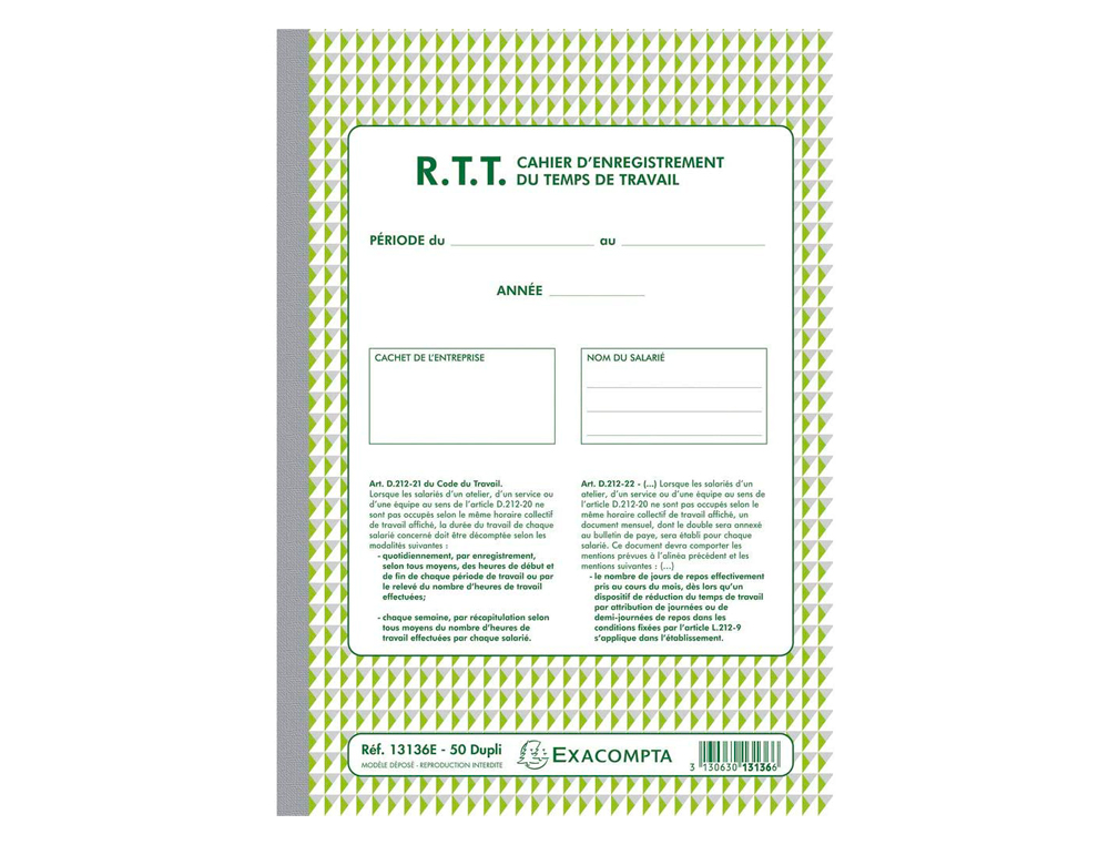 CAHIER AUTOCOPIANT EXACOMPTA ENREGISTREMENT TEMPS TRAVAIL A4 210X297MM 50 DUPLIS
