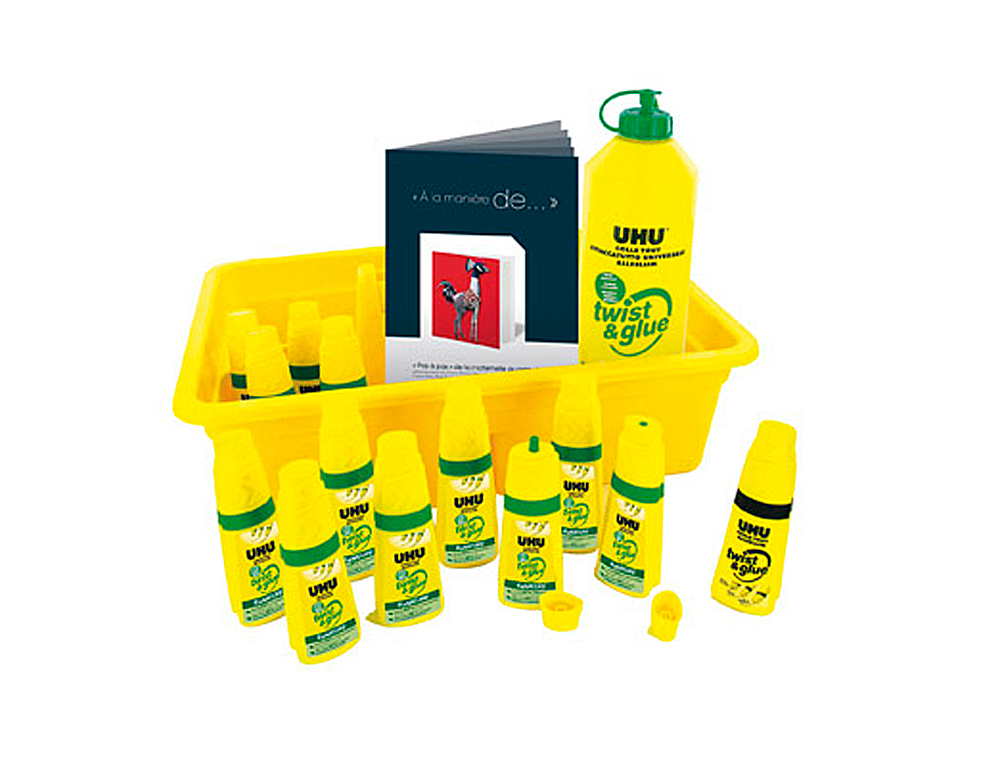 COLLE UHU TWIST&GLUE EXTRA FORTE TRANSPARENTE MULTI-MATÉRIAUX COFFRET SCOLAIRE 12 FLACONS PLEINS+1 RECHARGE