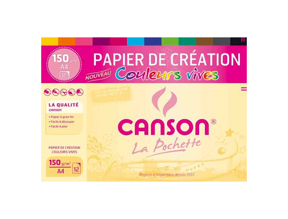 PAPIER DESSIN CANSON COLORLINE GRAIN FIN 150G A4 COLORIS VIFS POCHETTE 12F