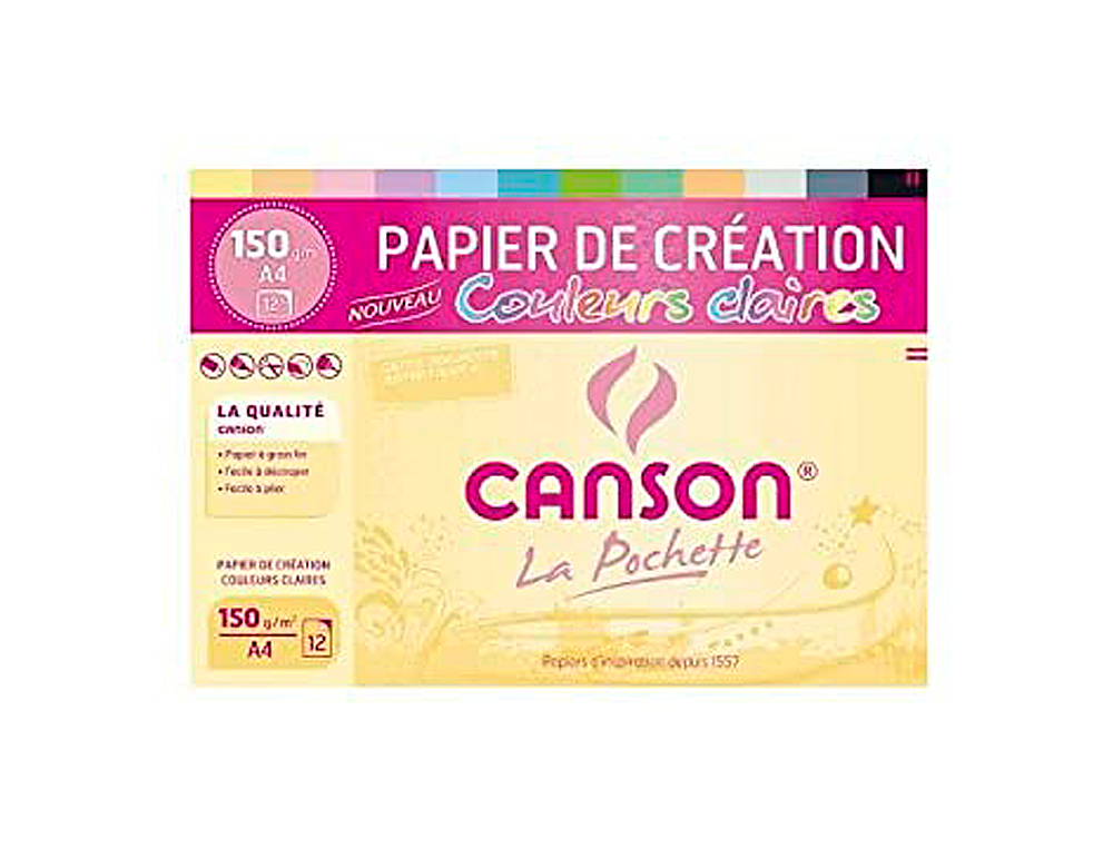 PAPIER DESSIN CANSON COLORLINE GRAIN FIN 150G A4 COLORIS PASTELS POCHETTE 12F