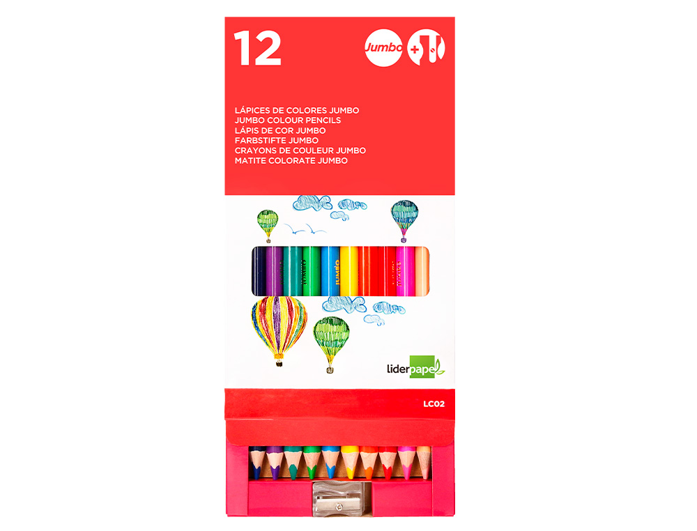 CRAYON COULEUR LIDERPAPEL TRIANGULAIRE JUMBO MINE EXTRA-RÉSISTANTE 174.5MM TAILLE-CRAYON OFFERT ÉTUI CARTON 12 UNITÉS