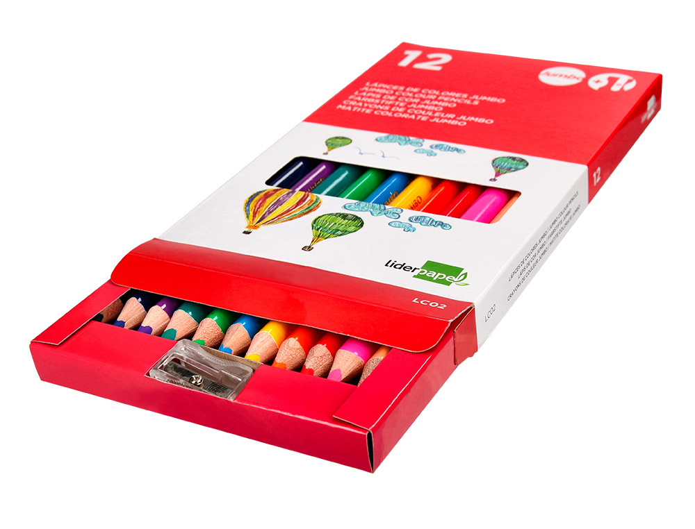 CRAYON COULEUR LIDERPAPEL TRIANGULAIRE JUMBO MINE EXTRA-RÉSISTANTE 174.5MM TAILLE-CRAYON OFFERT ÉTUI CARTON 12 UNITÉS