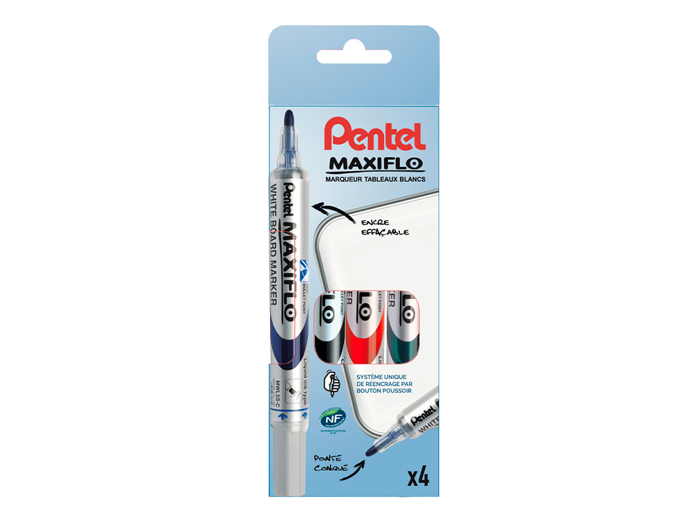 MARQUEUR PENTEL MAXIFLO EFFAÇABLE TABLEAU BLANC POINTE CONIQUE TRACÉ 1,6MM ÉCRITURE 1000M CORPS PLASTIQUE RECYCLÉ 4U