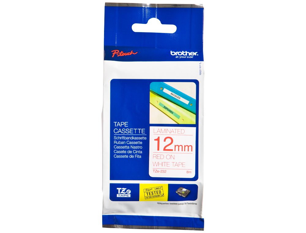 RUBAN LAMINÉ TZE POUR TITREUSE BROTHER P-TOUCH TZE232 12MM COLORIS IMPRESSION ROUGE/BLANC