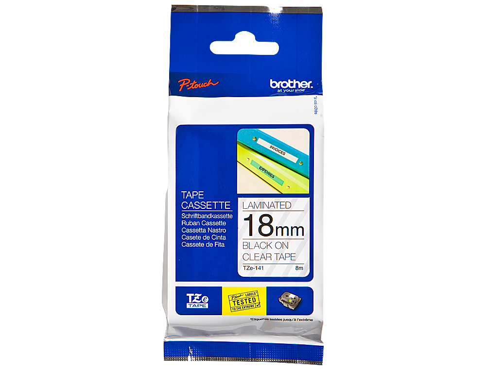 RUBAN LAMINÉ TZE POUR TITREUSE BROTHER P-TOUCH TZE141 18MM COLORIS IMPRESSION NOIR/TRANSPARENT