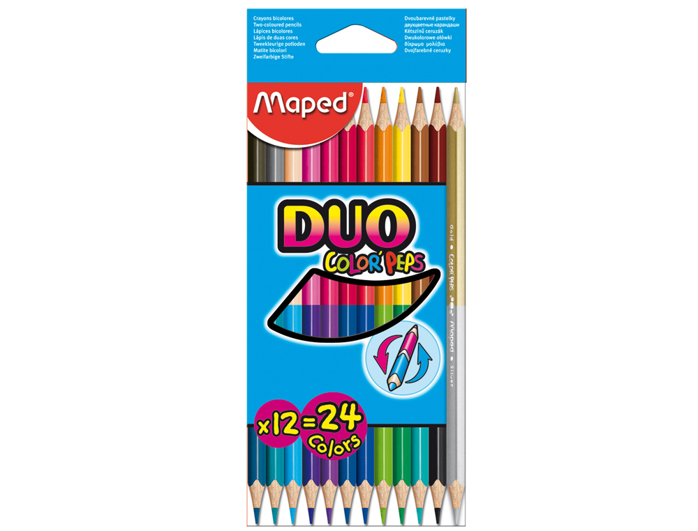 CRAYON COULEUR MAPED COLOR PEP'S DUO 2 EN 1 MINE TENDRE RSISTANTE COLORIS LUMINEUX 1 CRAYON OR/ARGENT TUI CARTON 12U