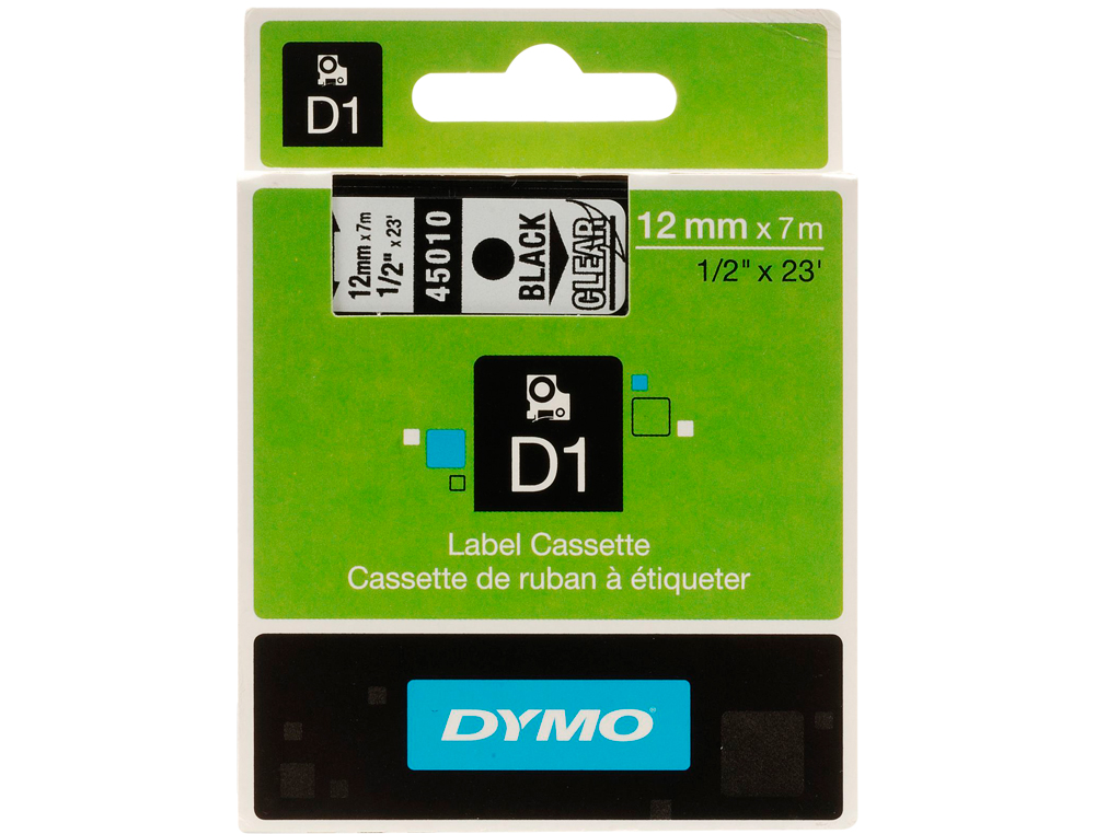 RUBAN TITREUSE DYMO D1 12MMX7M COLORIS IMPRESSION NOIR/TRANSPARENT