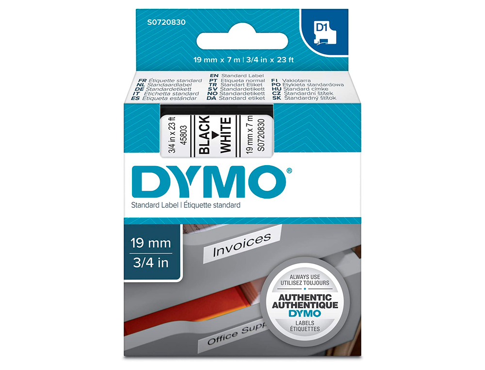 RUBAN TITREUSE DYMO D1 19MMX7M COLORIS IMPRESSION NOIR/BLANC