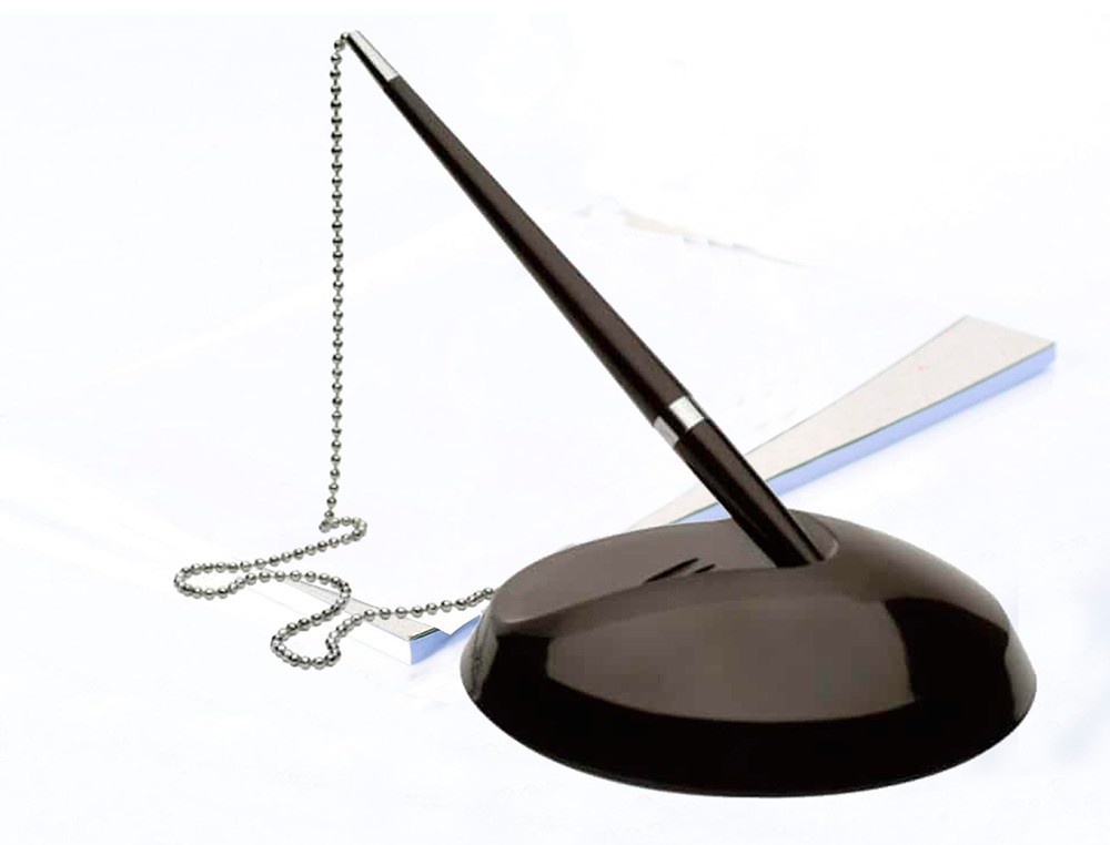 STYLO-BILLE Q-CONNECT SUR SOCLE PLASTIQUE LEST CHANETTE NICKELE RECHARGEABLE 4 RECHARGES ENCRE BLEUE
