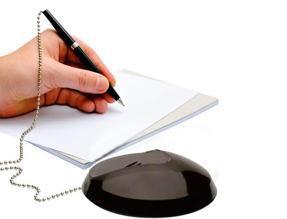 STYLO-BILLE Q-CONNECT SUR SOCLE PLASTIQUE LEST CHANETTE NICKELE RECHARGEABLE 4 RECHARGES ENCRE BLEUE