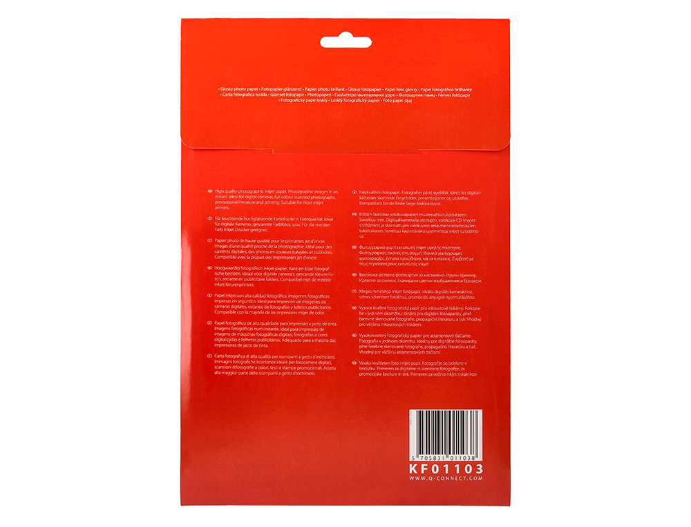 PAPIER PHOTO Q-CONNECT JET D'ENCRE GLACÉ BRILLANT A4 18 0G/M2 COMPATIBLE TOUTE IMPRIMANTE PAQUET 20 FEUILLES
