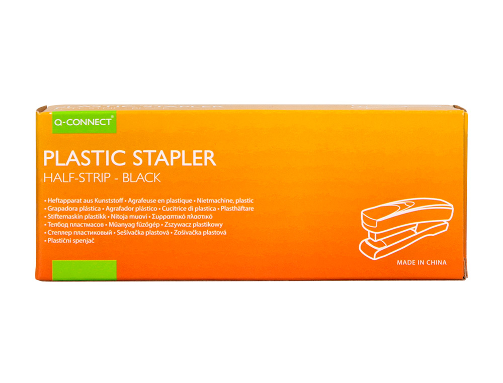 AGRAFEUSE BUREAU Q-CONNECT CONOMIQUE PLASTIQUE 34X50X135MM 20 FEUILLES AGRAFES 24/6 ET 26/6 STRIP HALF COLORIS NOIR