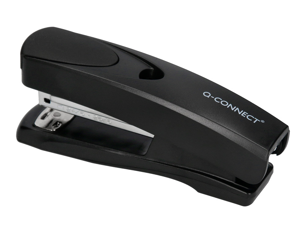 AGRAFEUSE BUREAU Q-CONNECT CONOMIQUE PLASTIQUE 34X50X135MM 20 FEUILLES AGRAFES 24/6 ET 26/6 STRIP HALF COLORIS NOIR