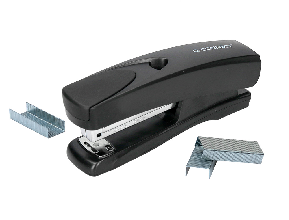 AGRAFEUSE BUREAU Q-CONNECT CONOMIQUE PLASTIQUE 34X50X135MM 20 FEUILLES AGRAFES 24/6 ET 26/6 STRIP HALF COLORIS NOIR