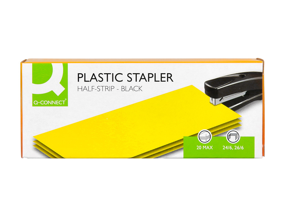 AGRAFEUSE BUREAU Q-CONNECT CONOMIQUE PLASTIQUE 34X50X135MM 20 FEUILLES AGRAFES 24/6 ET 26/6 STRIP HALF COLORIS NOIR