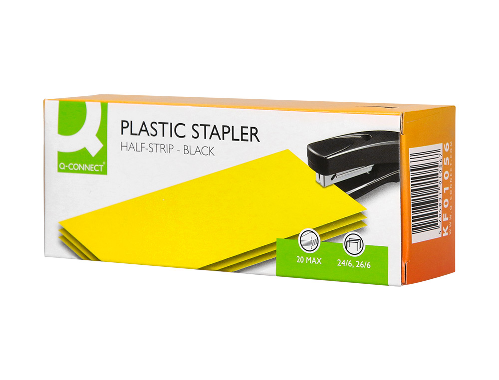 AGRAFEUSE BUREAU Q-CONNECT CONOMIQUE PLASTIQUE 34X50X135MM 20 FEUILLES AGRAFES 24/6 ET 26/6 STRIP HALF COLORIS NOIR