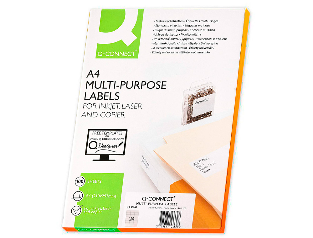 ÉTIQUETTE ADHÉSIVE Q-CONNECT 70X35MM COINS DROITS IMPRIMANTE JET D'ENCRE LASER COPIEUR BOÎTE 100 FEUILLES 2400 UNITÉS