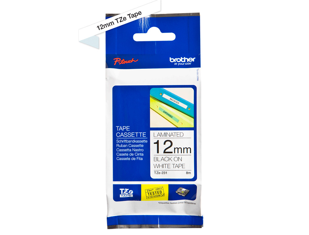 RUBAN LAMINÉ TZE POUR TITREUSE BROTHER P-TOUCH TZE231 12MM COLORIS IMPRESSION NOIR/BLANC