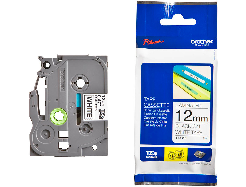 RUBAN LAMINÉ TZE POUR TITREUSE BROTHER P-TOUCH TZE231 12MM COLORIS IMPRESSION NOIR/BLANC